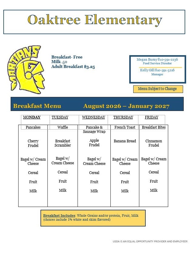 Oaktree Elementary school breakfast menu 